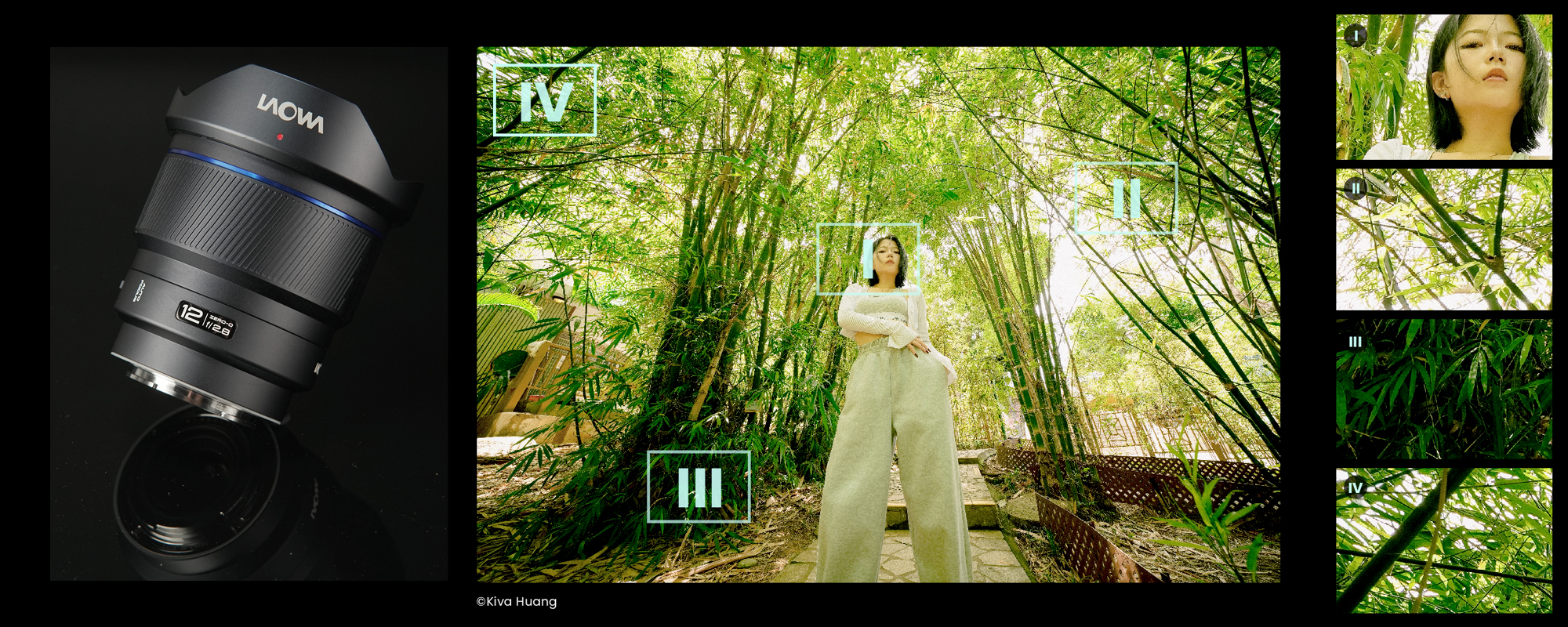 Obiektyw Laowa 12 mm f/2,8 Lite Zero-D FF z AF - Sony E obok zdjęć przedstawiających kobietę w lesie